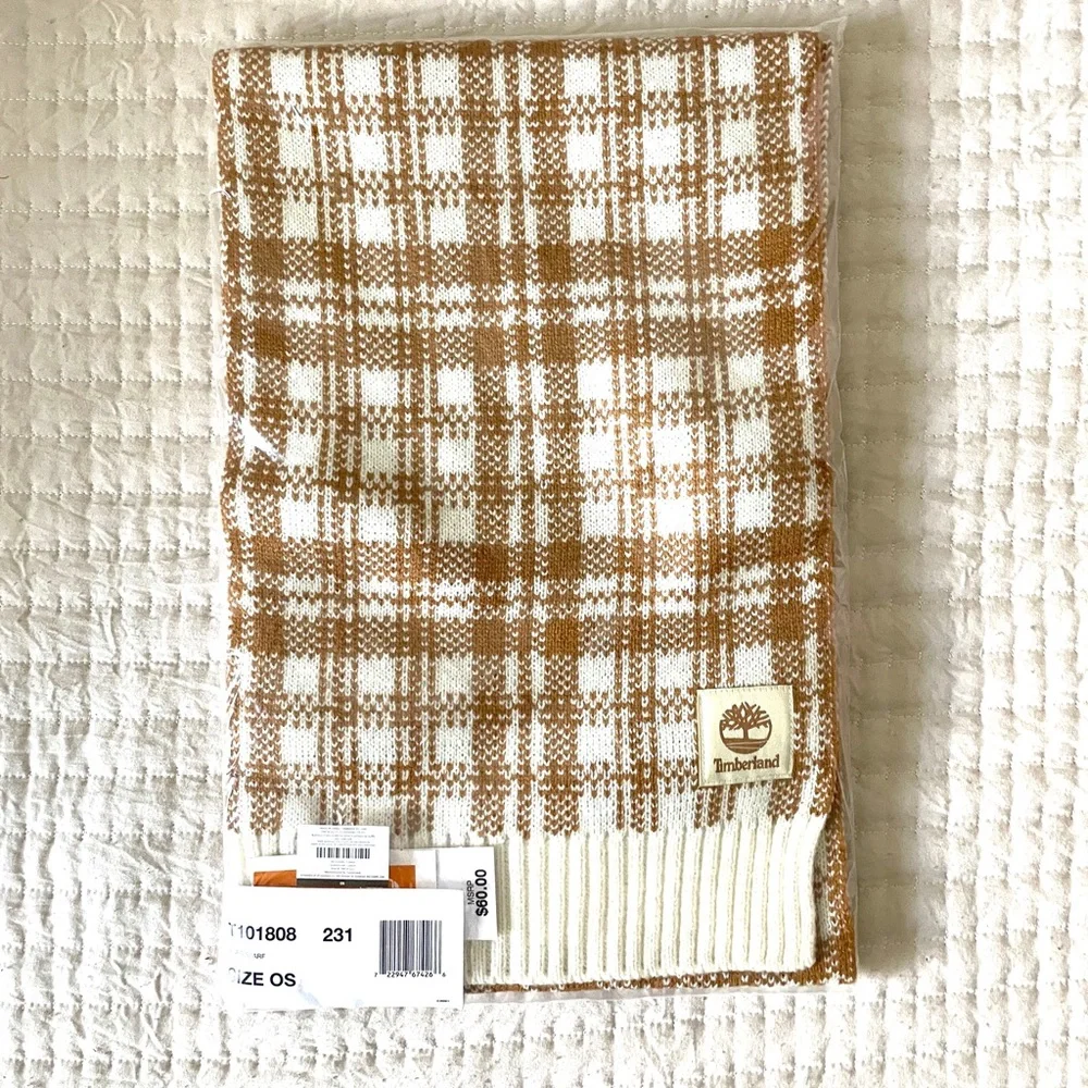 Timberland Scarf - Tan & White Houndstooth - NWT - Picture 1 of 5